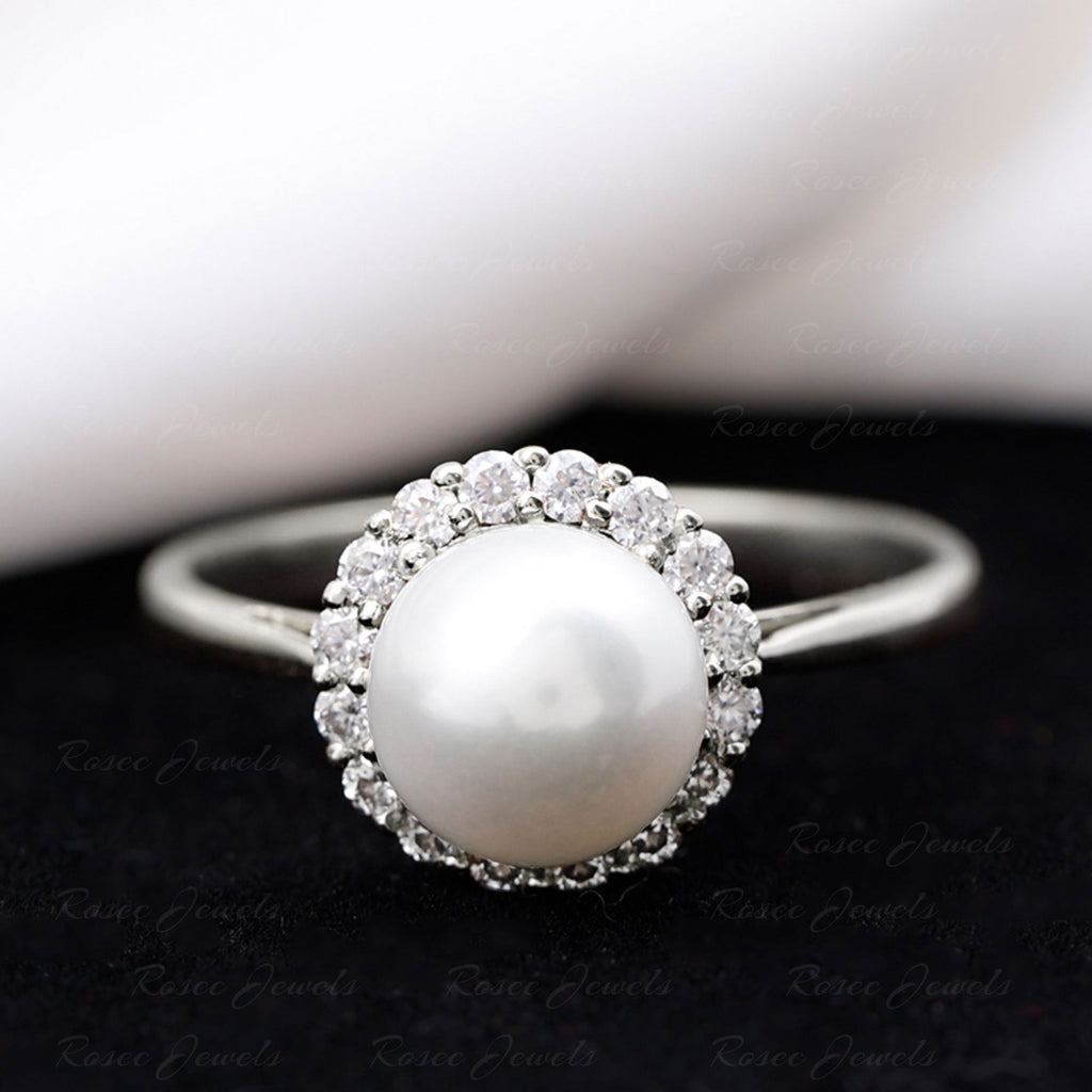 Real 7.4 Carat Freshwater Pearl Engagement Ring with Diamond Halo