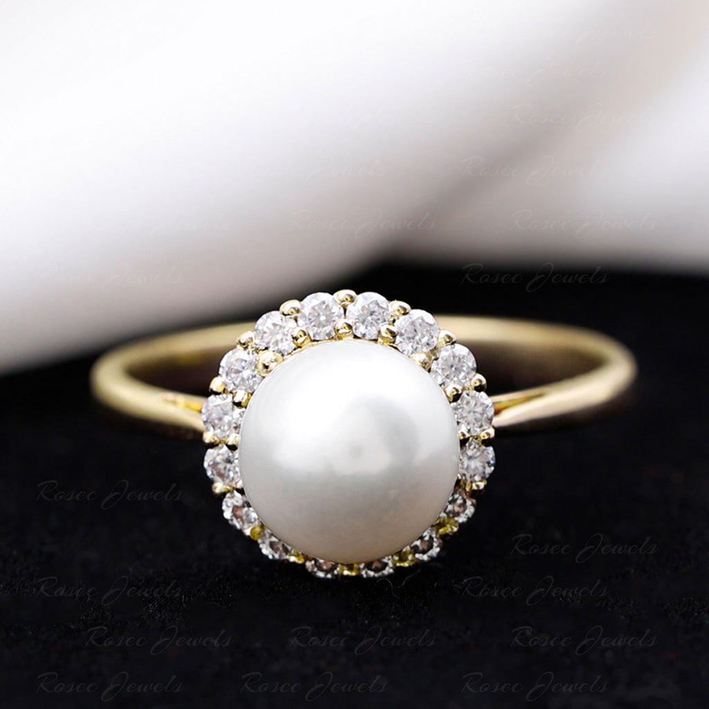 Real 7.4 Carat Freshwater Pearl Engagement Ring with Diamond Halo
