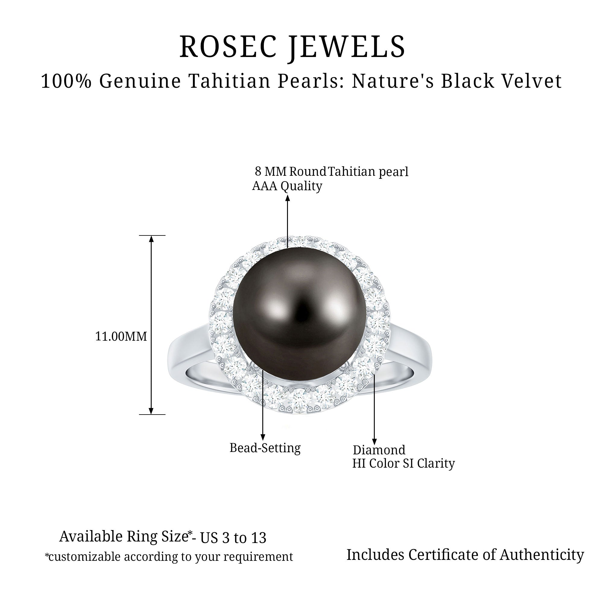 Genuine Tahitian Black Pearl and Diamond Engagement Ring