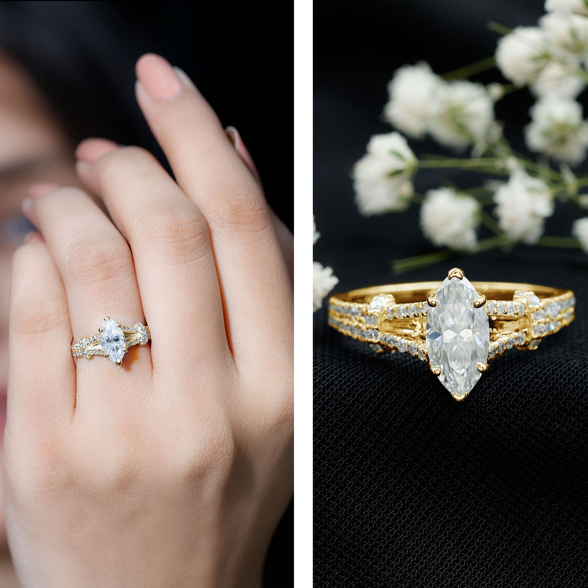 Certified 1 Carat Moissanite Marquise Engagement Ring with Split Shank