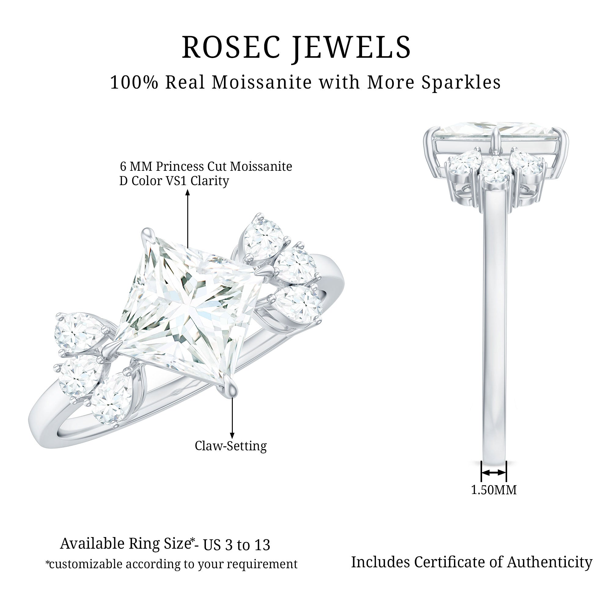 6 mm Princess Cut Moissanite Cluster Engagement Ring