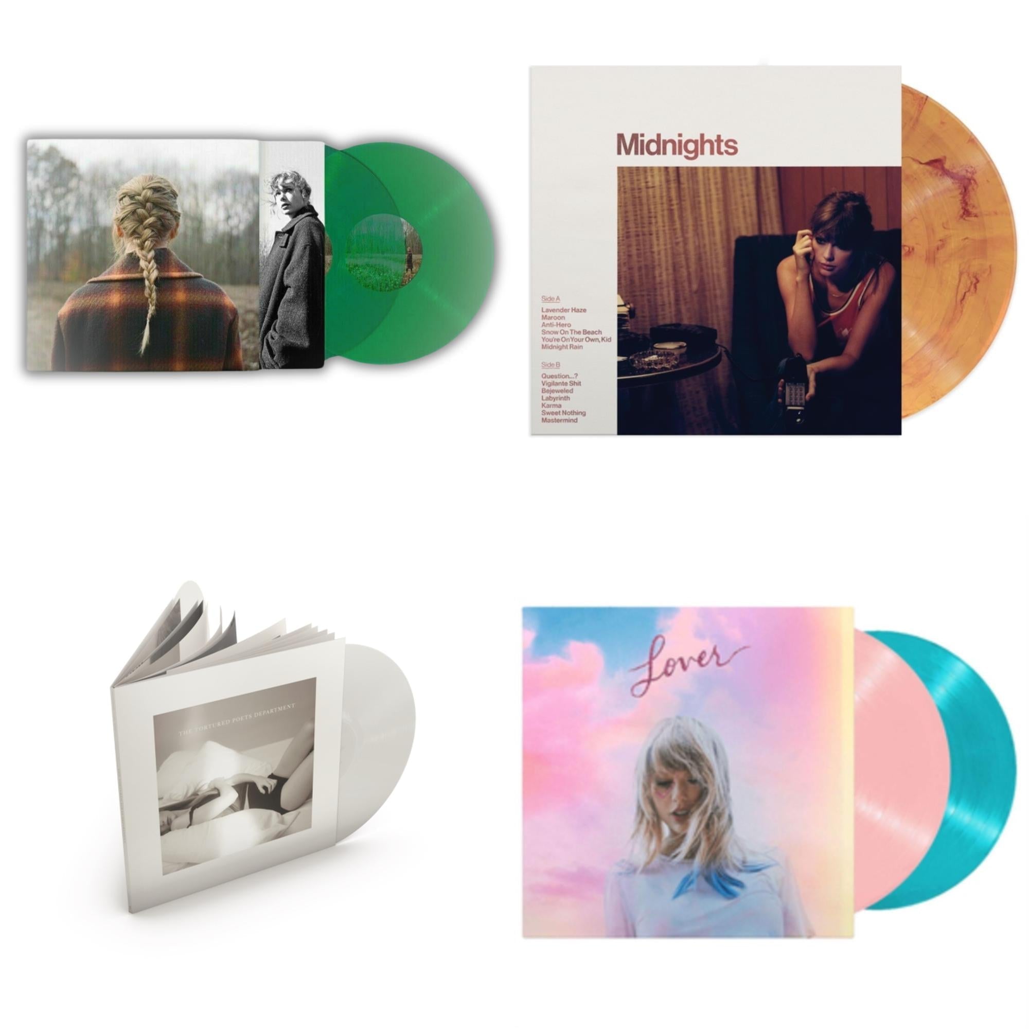Taylor Swift - Evermore (Translucent Green Vinyl/2LP) & Midnights (X) (Blood Moon LP Vinyl) & Tortured Poets Department (X) (Ghosted White Vinyl/2LP/Manuscript- Bonus Track) & Lover