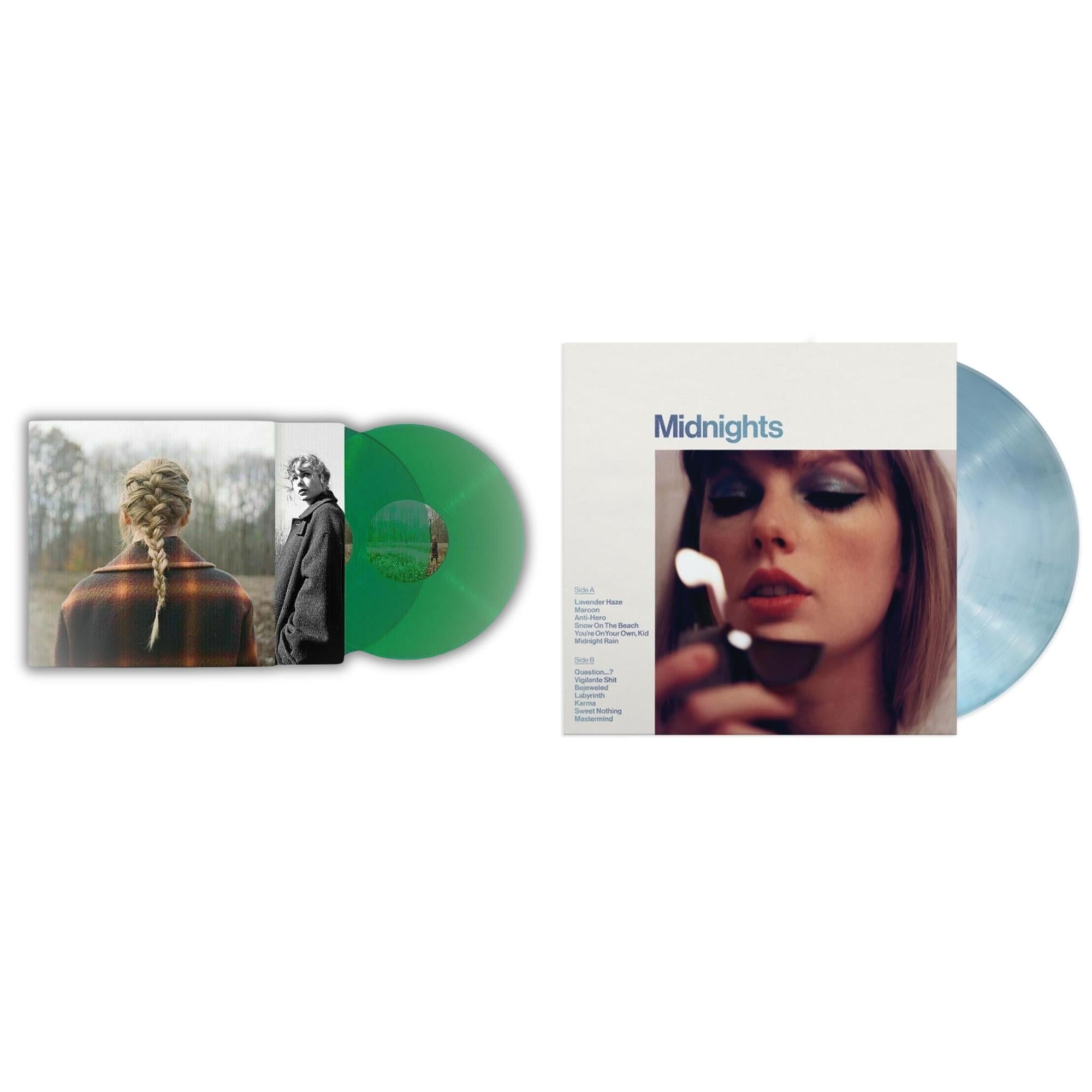 Taylor Swift - Evermore (Translucent Green Vinyl/2LP) & Midnights (X) (Moonstone Blue LP Vinyl)