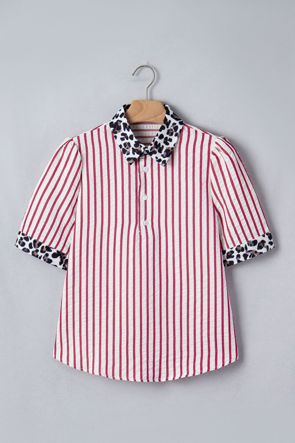 Stripe Leopard Contrast Trim Collared Blouse