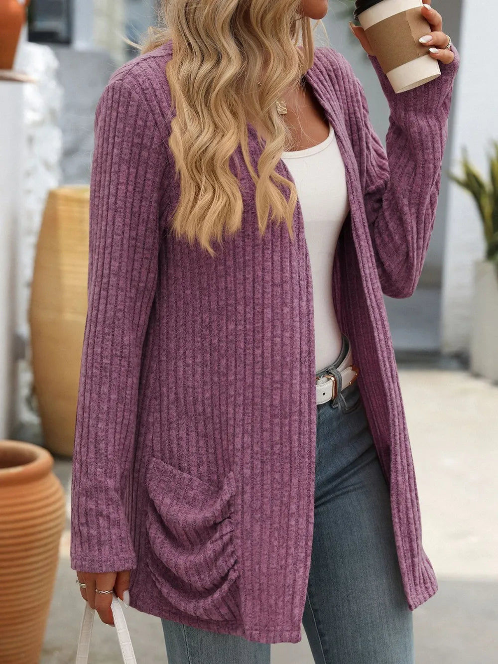 Autumn and winter new solid color pit stripe brushed pocket cardigan long sleeved jacket for women