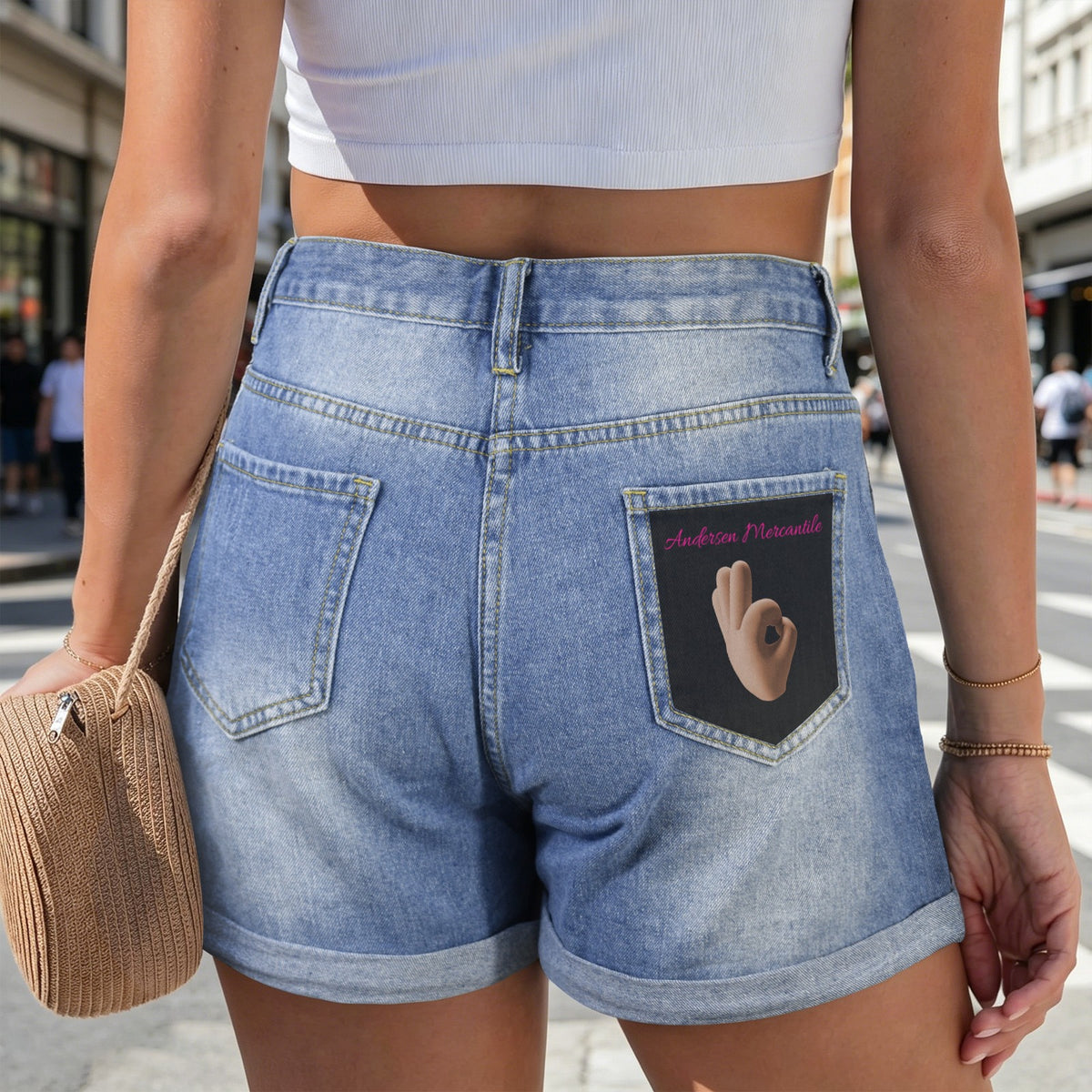 Light-Wash Blue Denim Shorts (Right Pocket Print) Made in USA Ships to USA Only