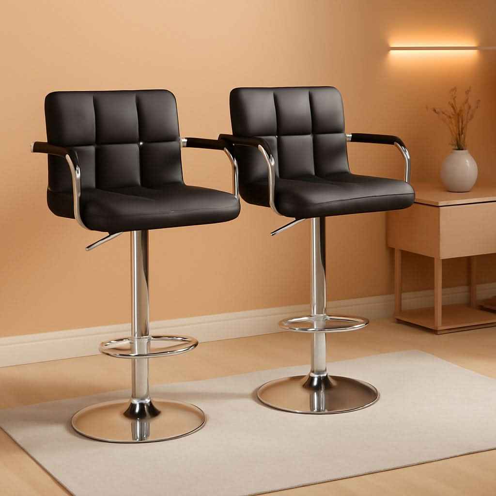 Bar Stools Set Of 2 Adjustable PU Leather Black Swivel