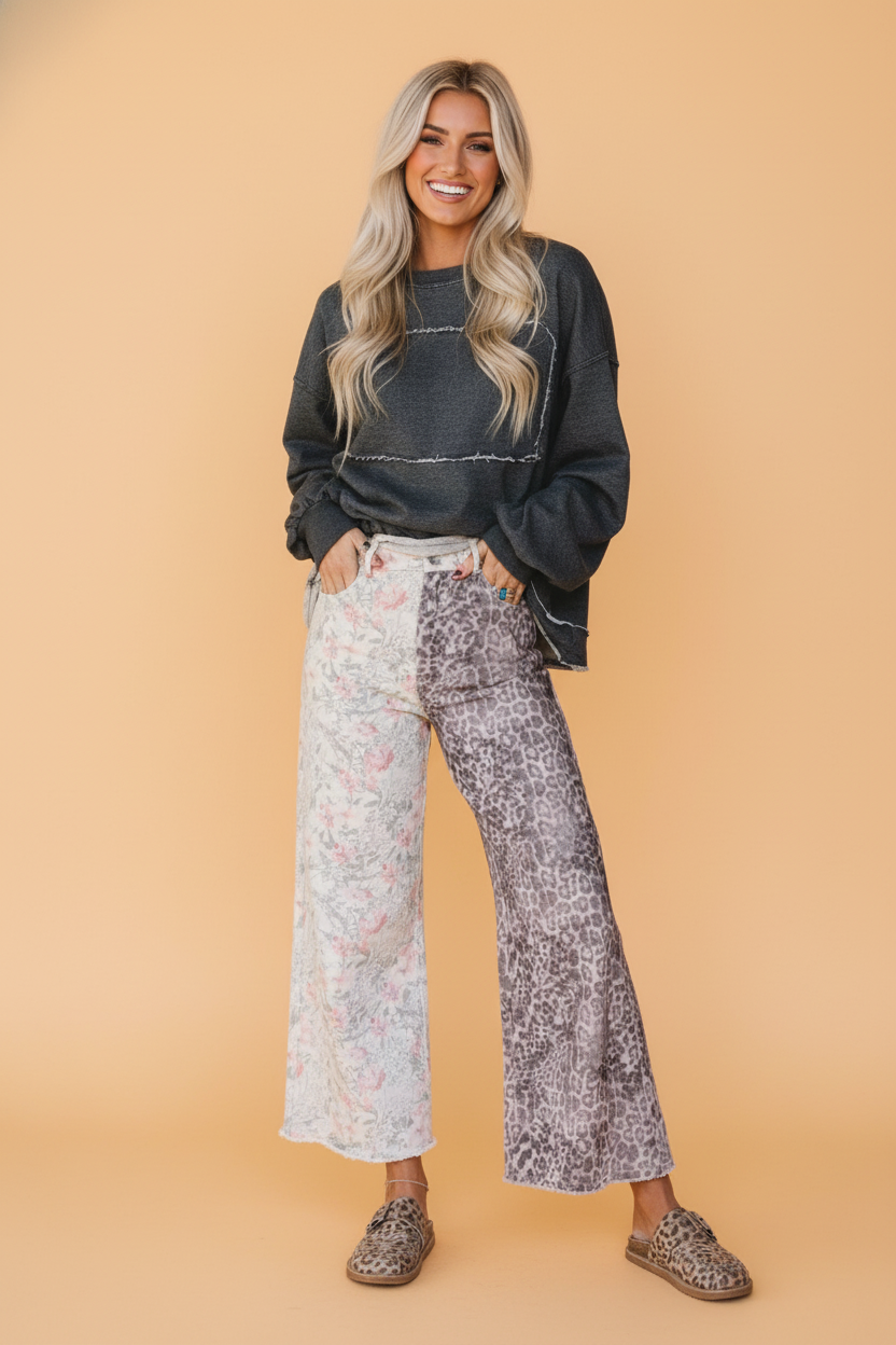 Leopard Floral Denim Patchwork Raw Hem Jeans - Andersen Mercantile