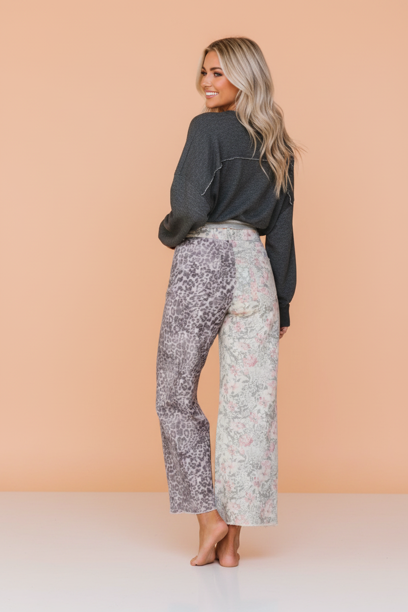 Leopard Floral Denim Patchwork Raw Hem Jeans - Andersen Mercantile