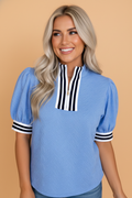 Stripe Trim Split Neck Puff Sleeve Textured Top