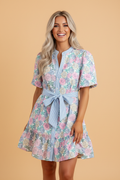 Floral Stripe Contrast Trim Belted Ruffle Dress