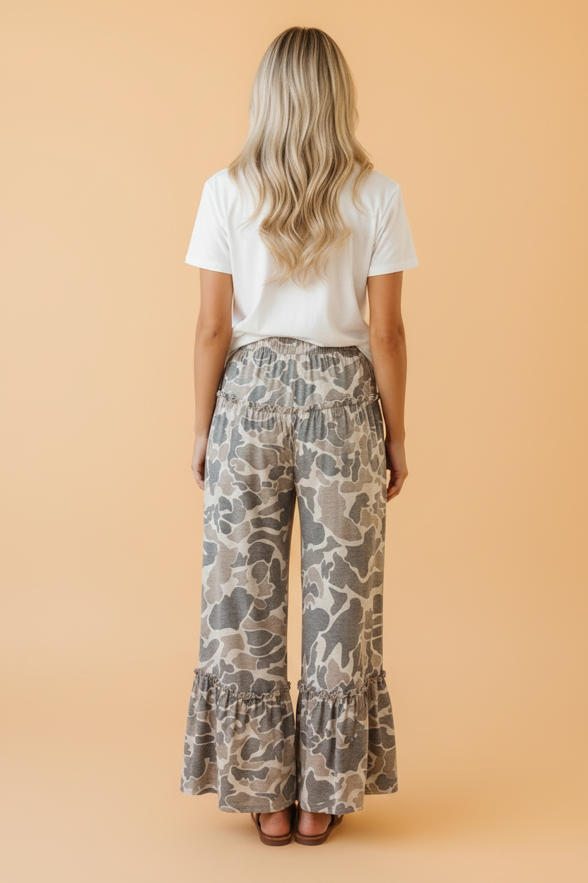 Abstract Leopard Ruffle Tiered Wide Leg Pants