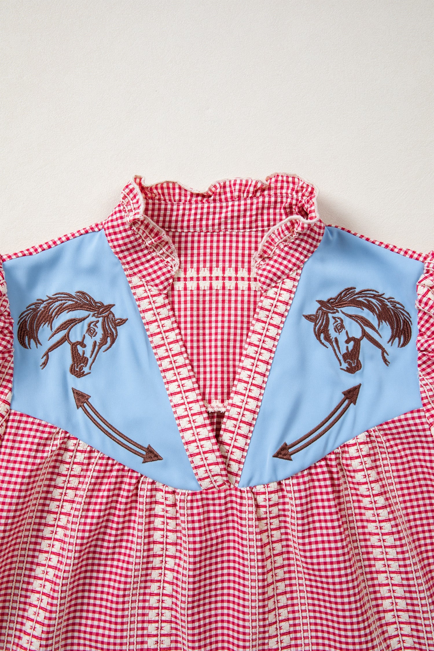 Western Pony Embroidered Gingham Puff Sleeve Blouse