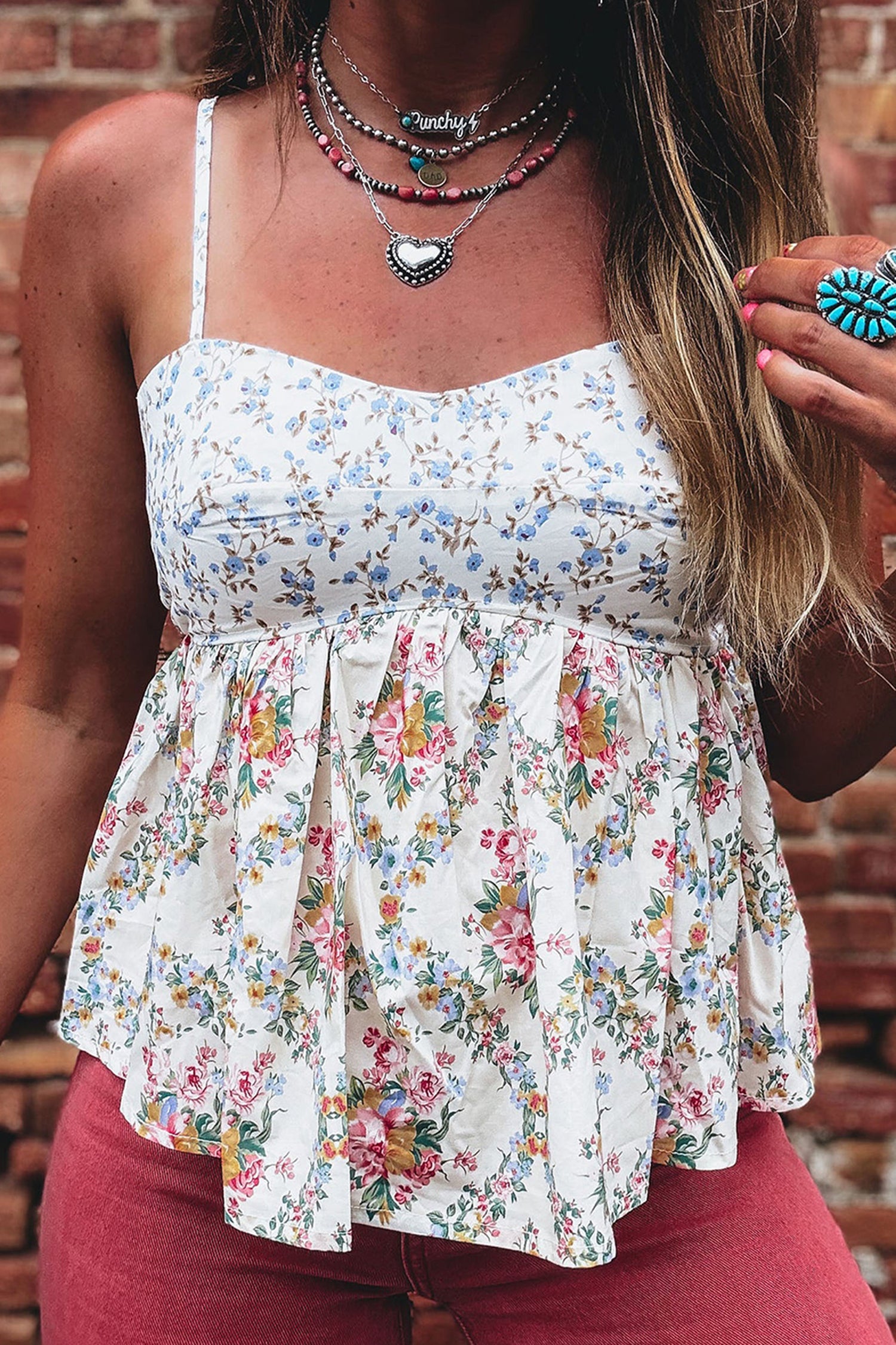 Floral Patchwork Spaghetti Strap Babydoll Top