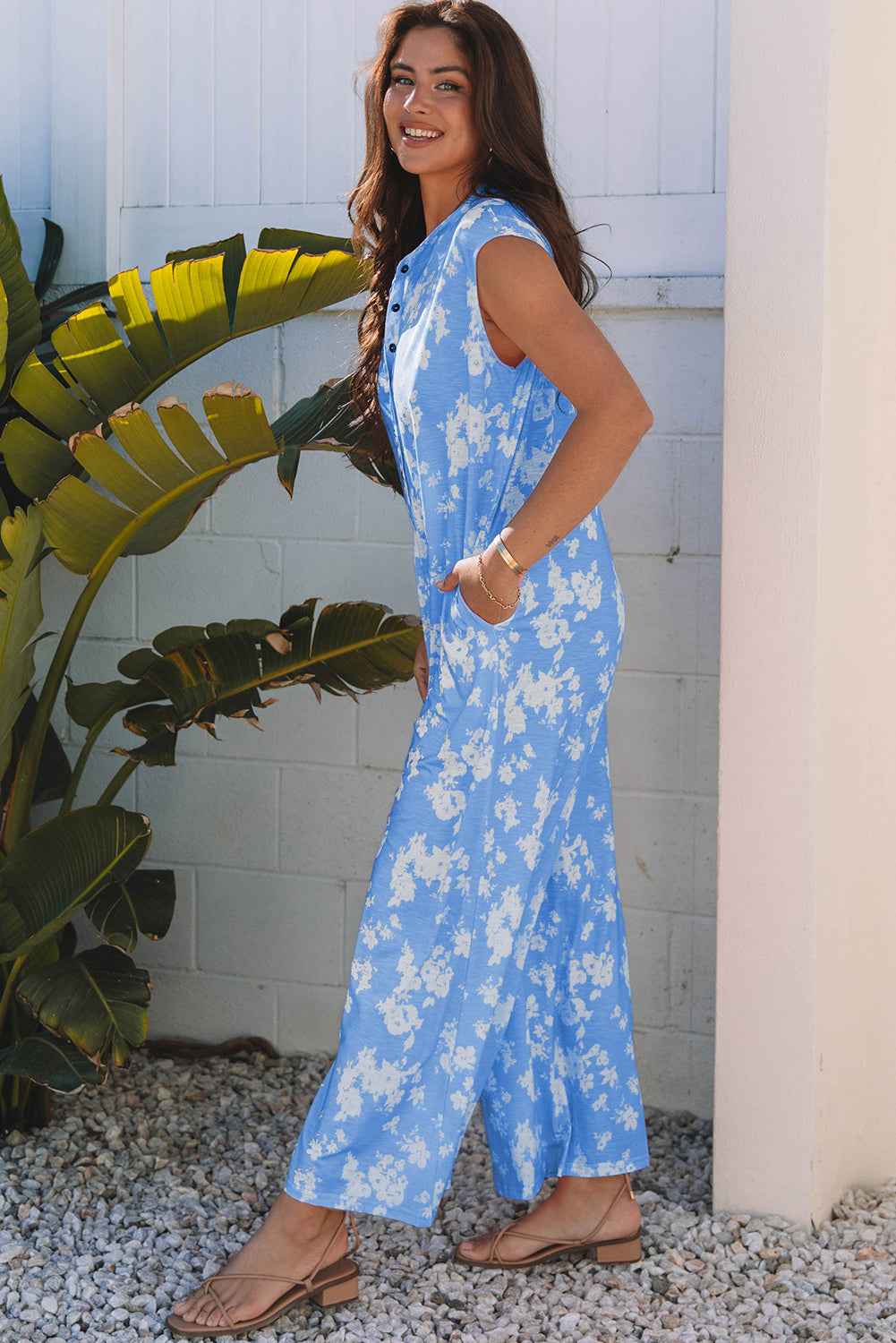 Floral Half-Button Sleeveless Wide Leg Jumpsuit