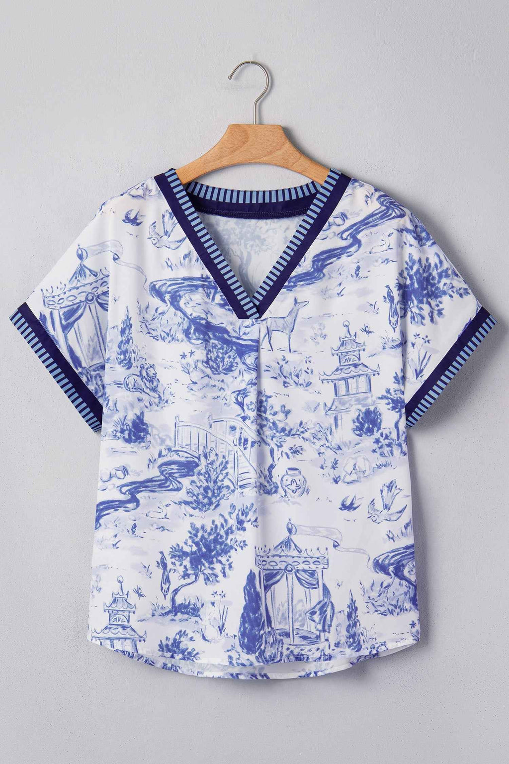 Floral Animal Stripe Trim V-Neck Short Sleeve Blouse
