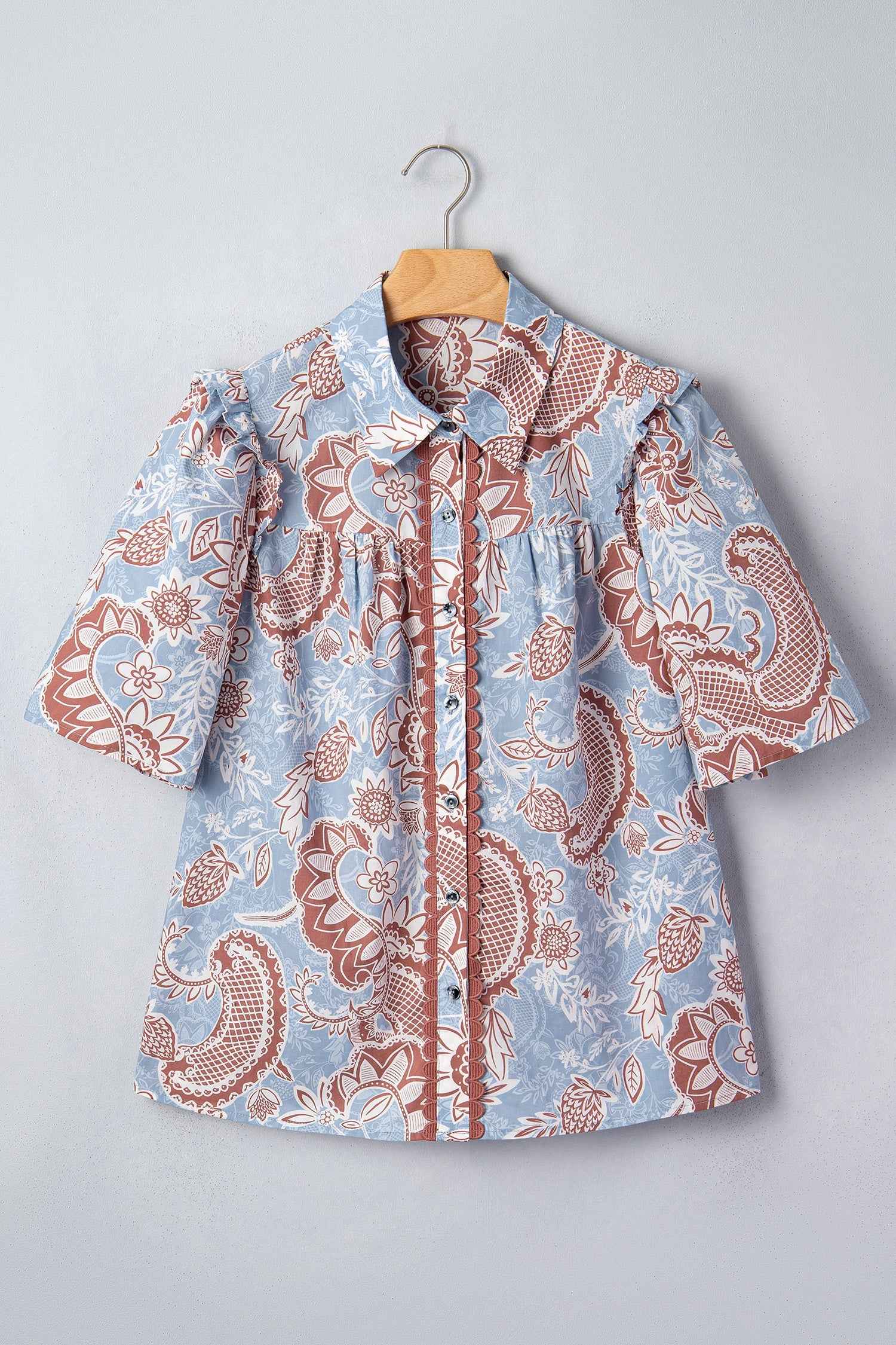 Boho Floral Scalloped Trim Button Down Shirt