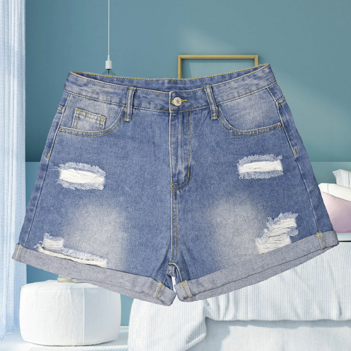 Light-Wash Blue Denim Shorts (Right Pocket Print) Made in USA Ships to USA Only