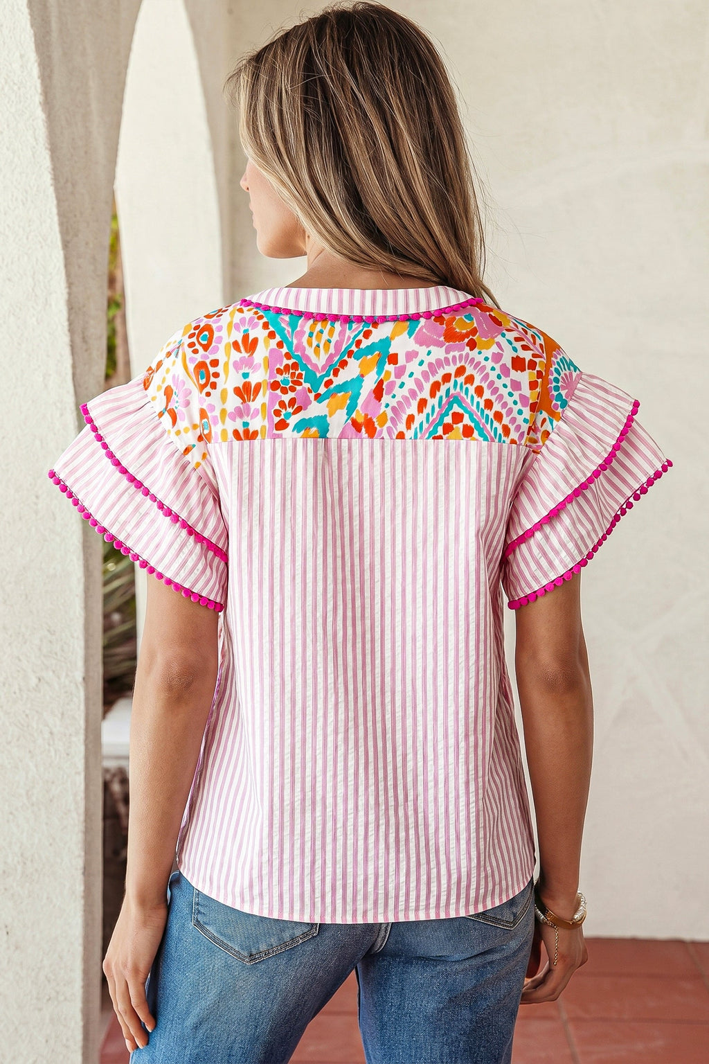Boho Contrast Trim Patchwork Tiered Short Sleeve Blouse