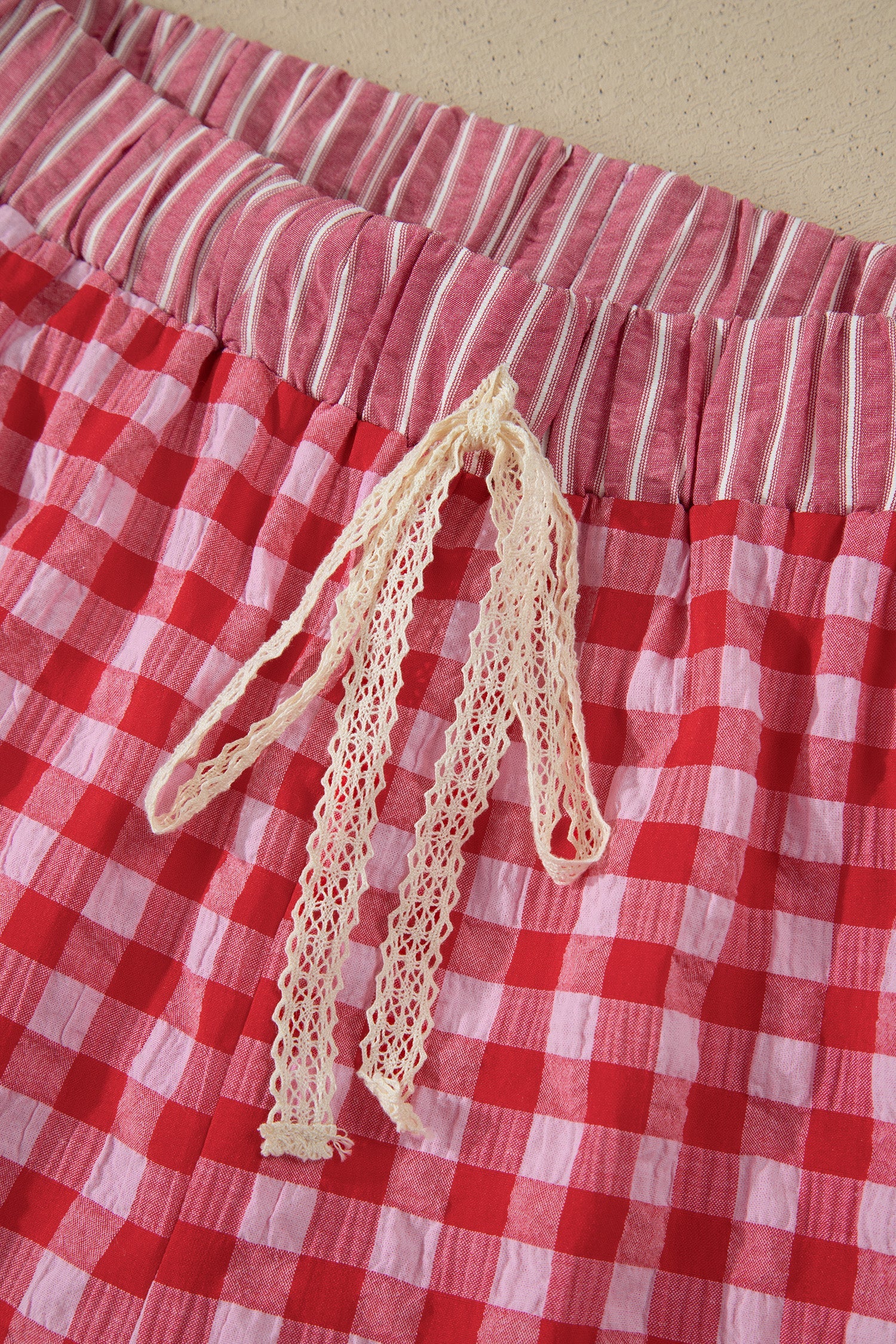 Gingham Ruffle Stripe Patchwork Lace Tie Shorts
