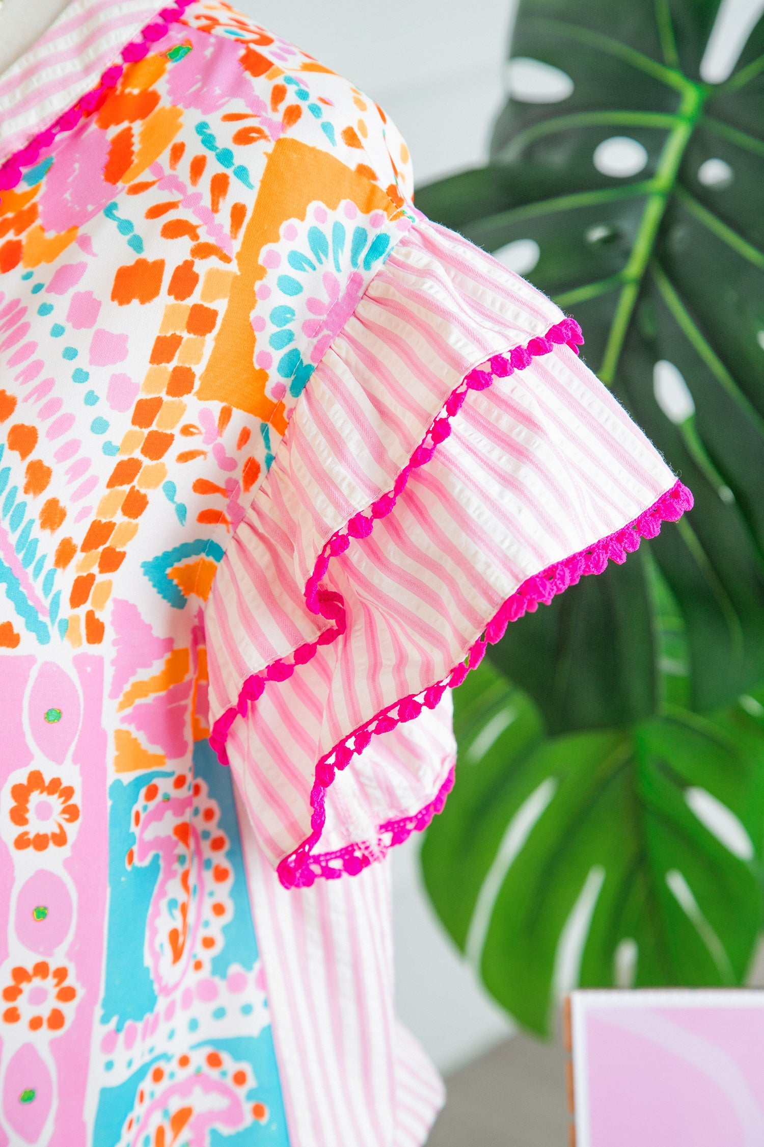 Boho Contrast Trim Patchwork Tiered Short Sleeve Blouse