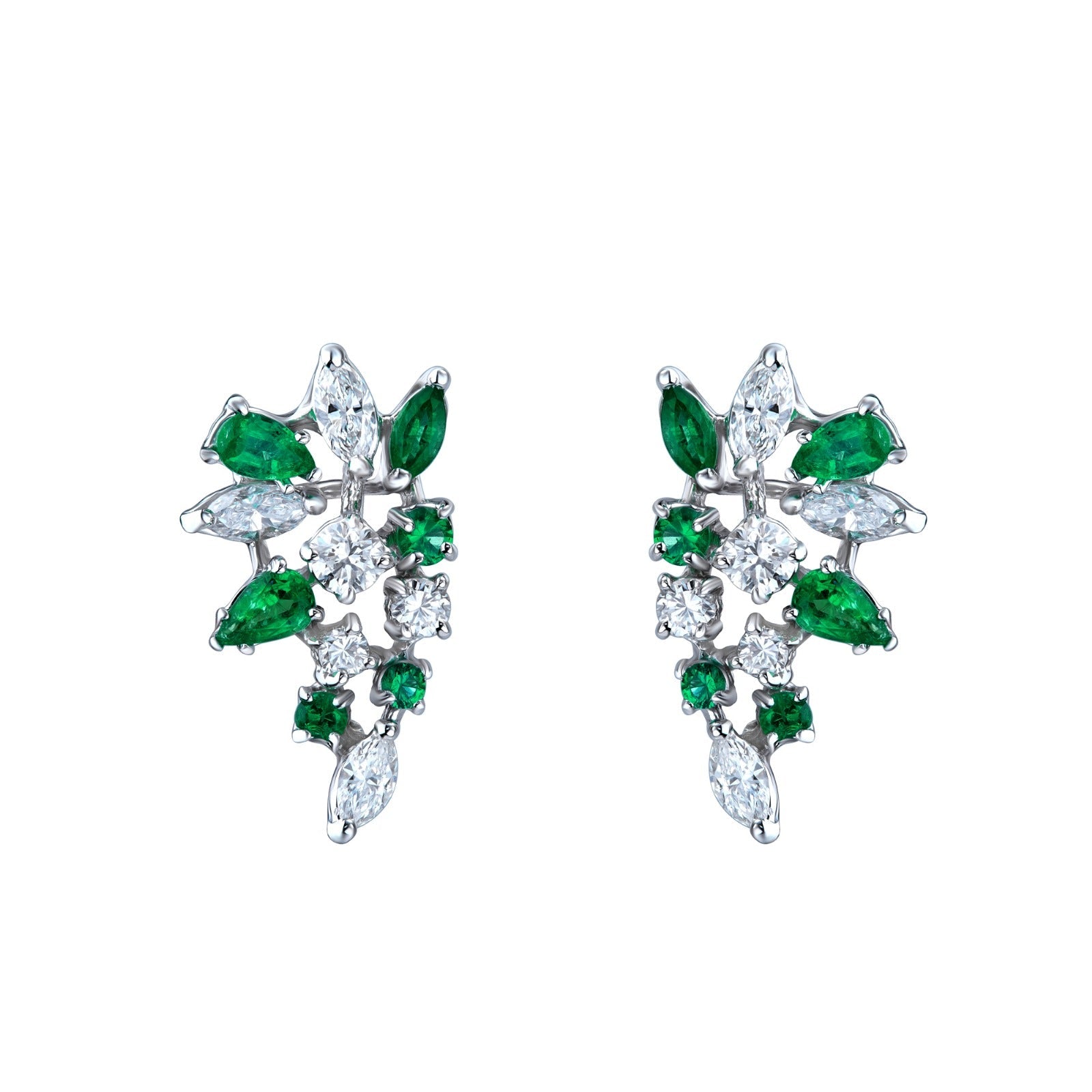 Natural Diamond & Emerald Cluster Stud Earrings in 14K White Gold – 2.72ctw