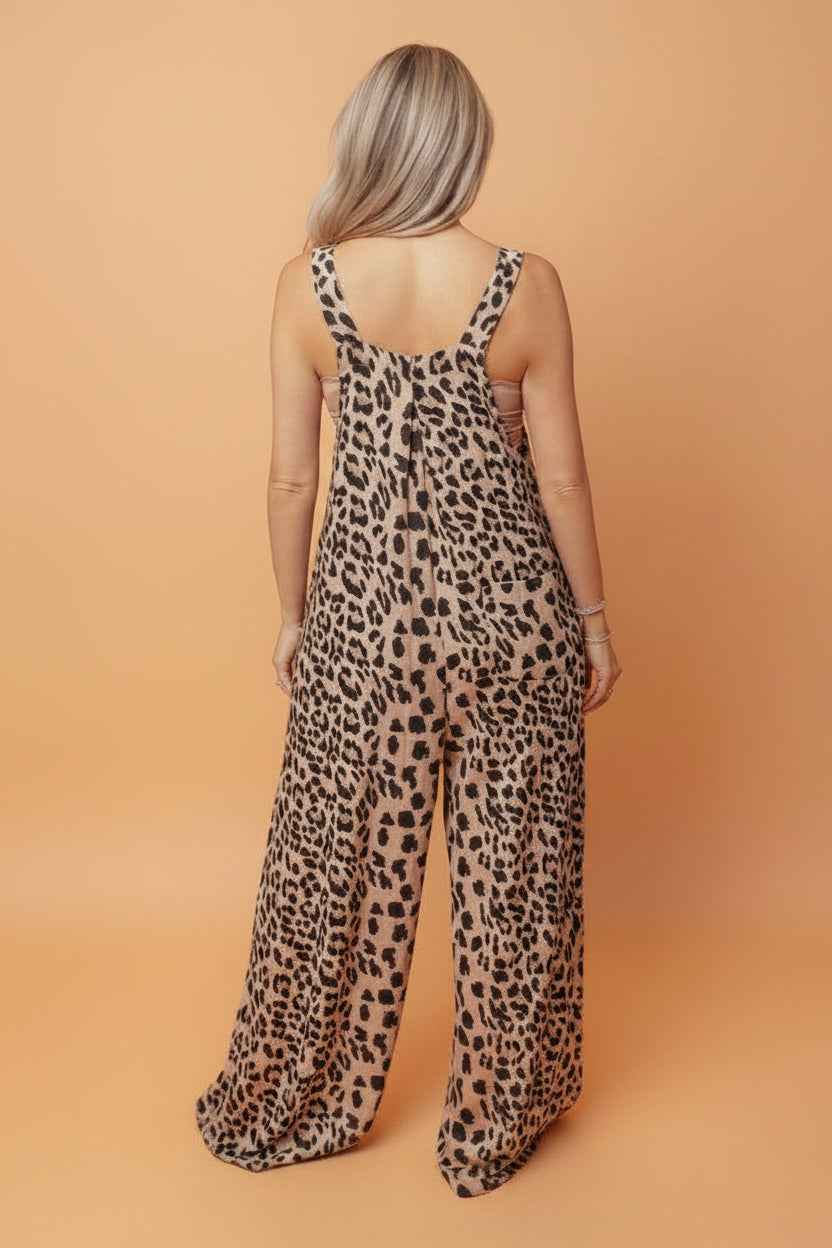 Leopard Square Neck Pleated Wide Leg Jumpsuit