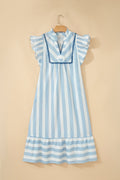 Stripe Lace Trim V-Neck Ruffle Midi Dress