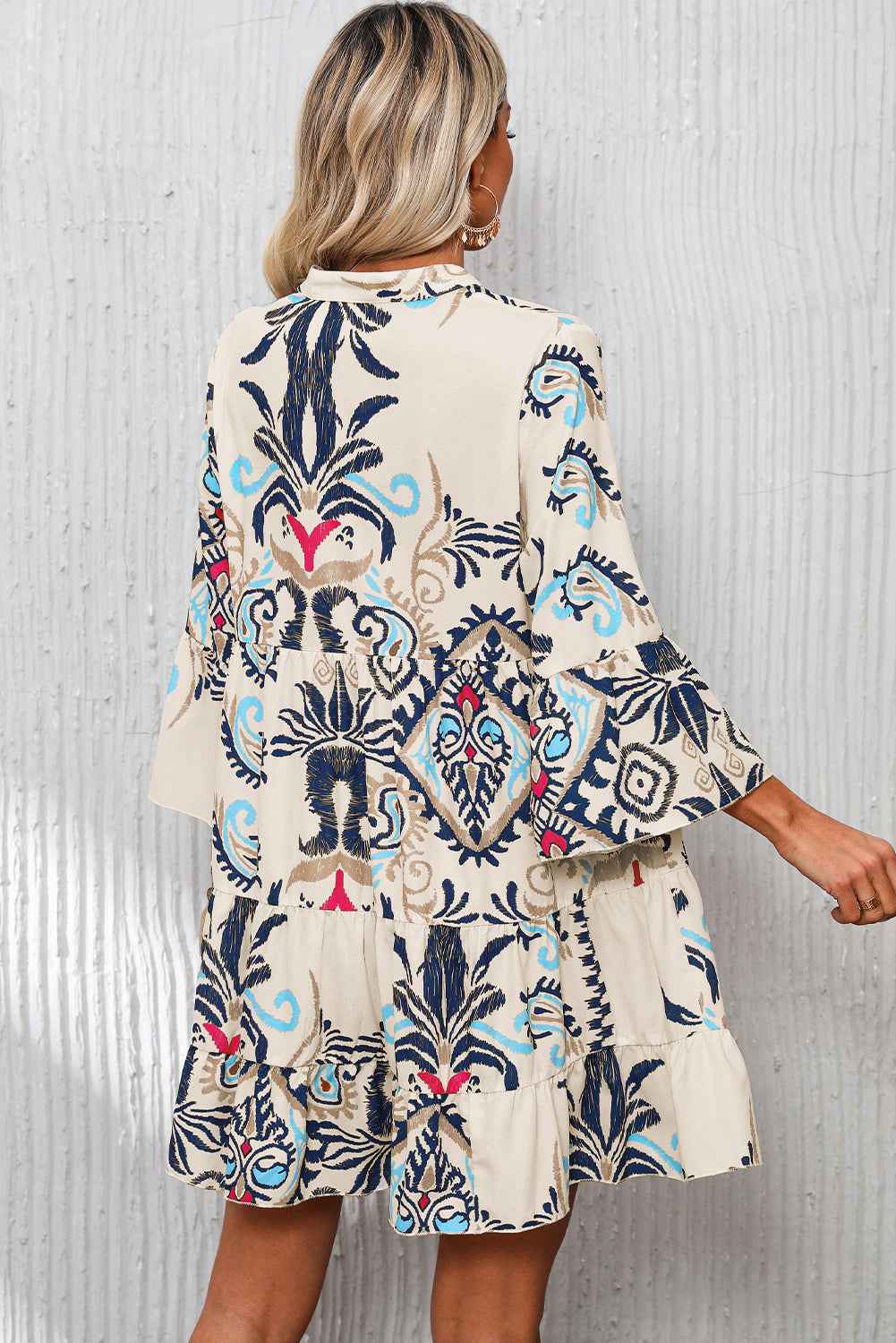 Boho Buttoned V-Neck 3/4 Sleeve Mini Dress