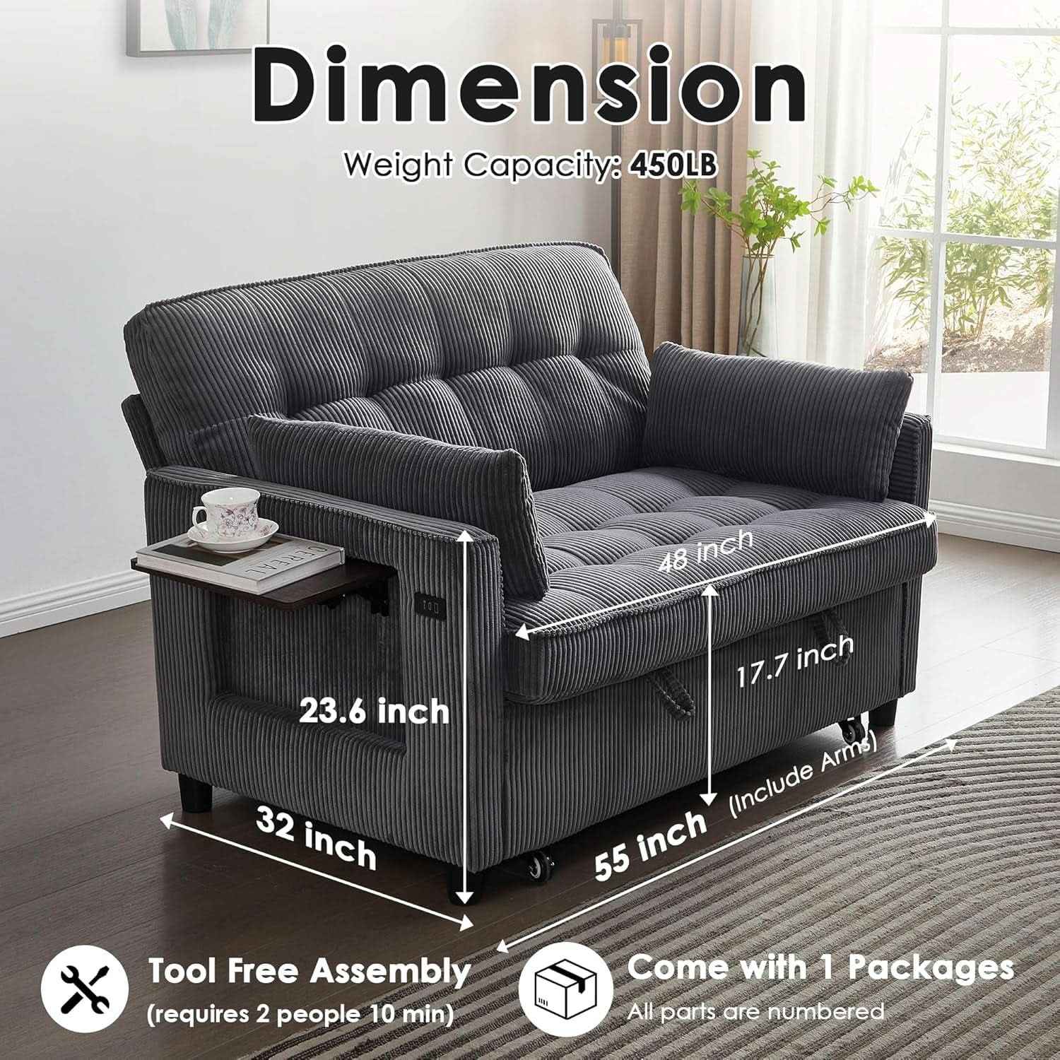 55Inch Convertible Sleeper Sofa With USBPort Corduroy