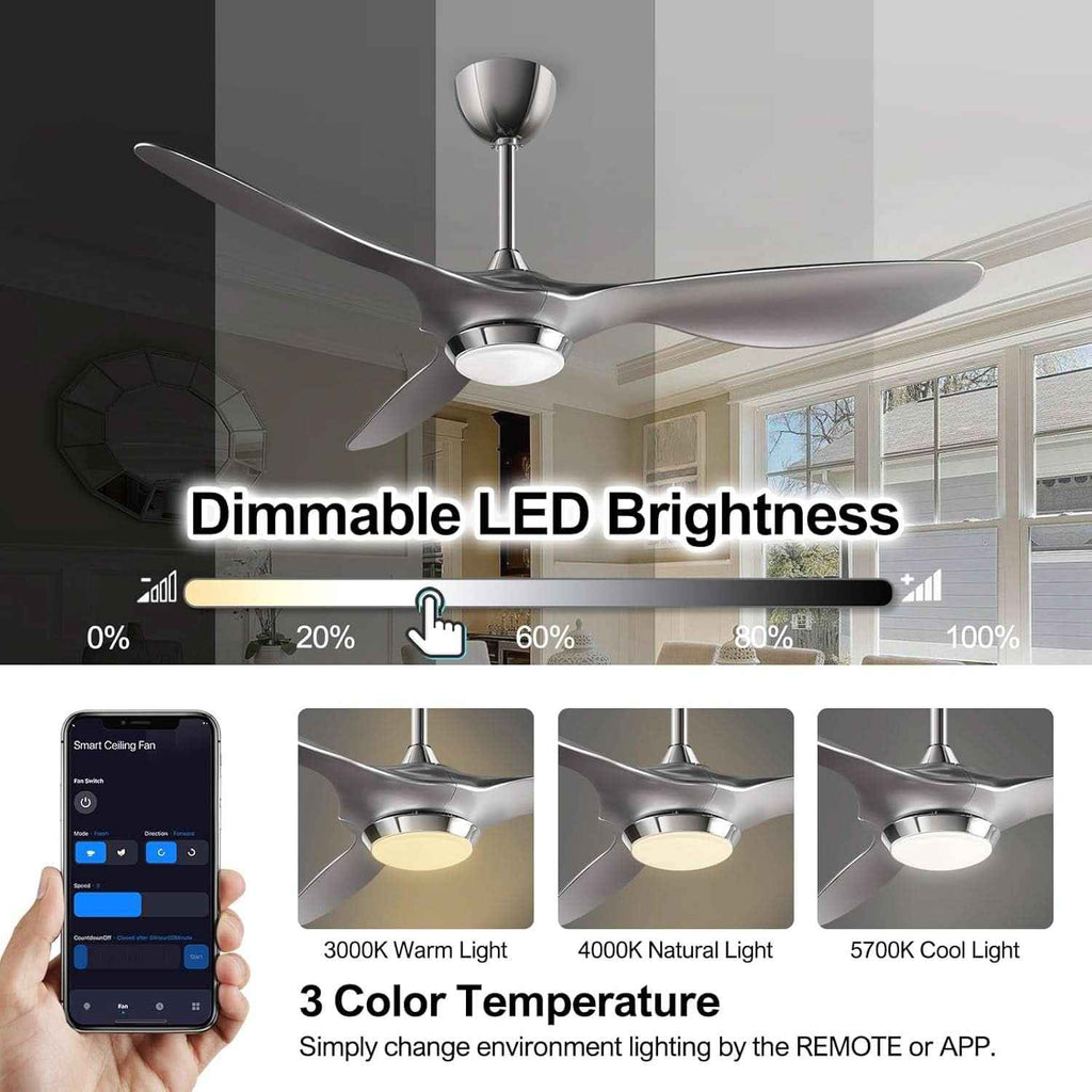 52 Inch Smart WiFi Ceiling Fan With Light And Remote Silver