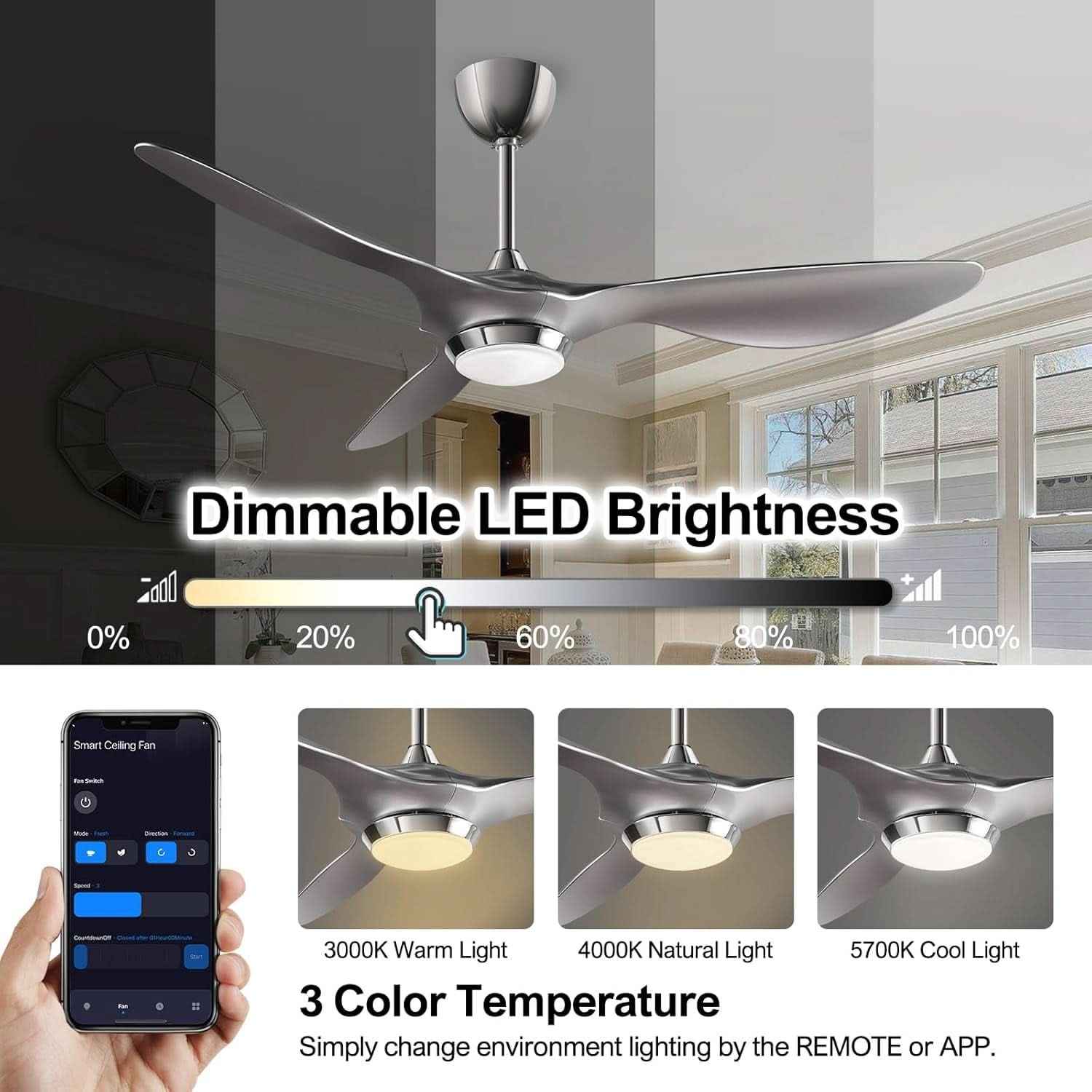 52 Inch Smart WiFi Ceiling Fan With Light And Remote Silver