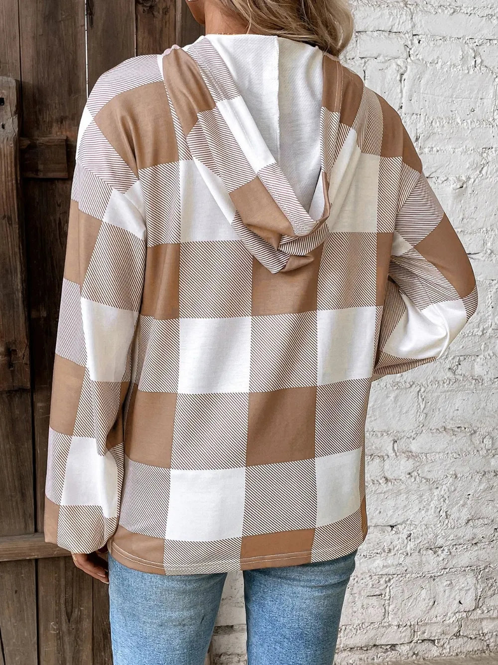 Grid printed loose casual fashionable button long sleeved hooded sweatshirt
