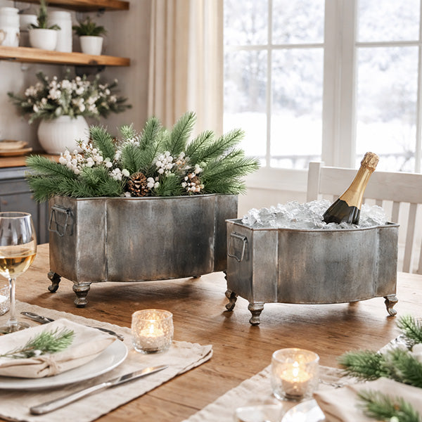 Aged Metal Footed Planters, Set of Two