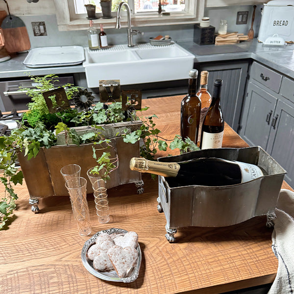 Aged Metal Footed Planters, Set of Two