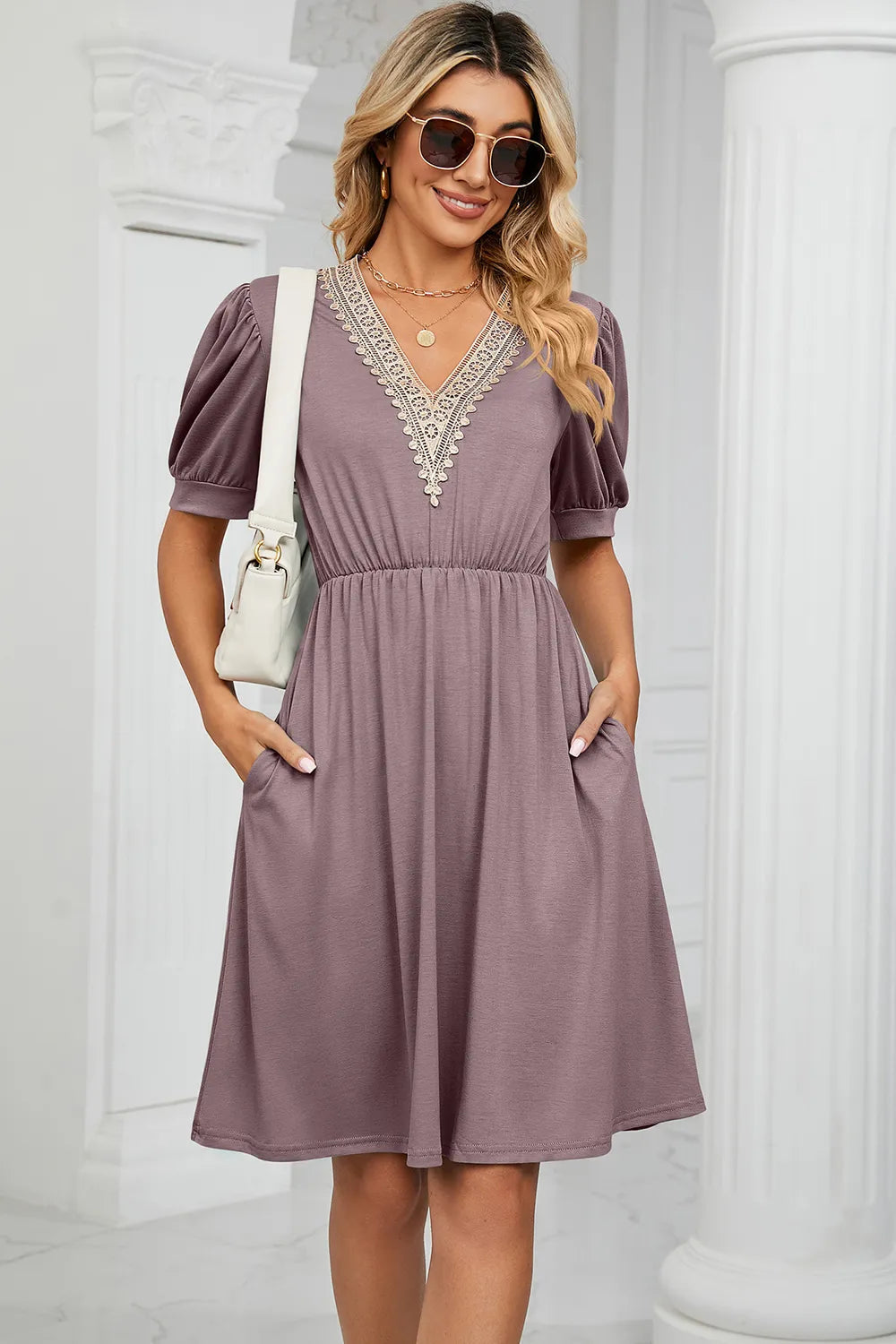 Solid color lace patchwork V-neck short sleeved pocket waist cinching dress