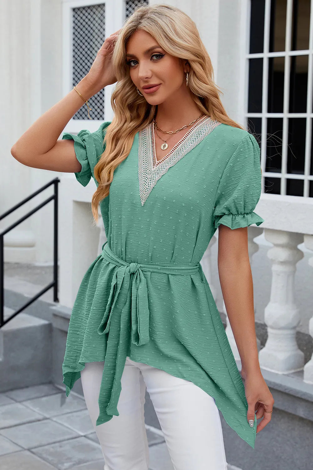 Solid color V-neck lace patchwork loose short sleeved dress