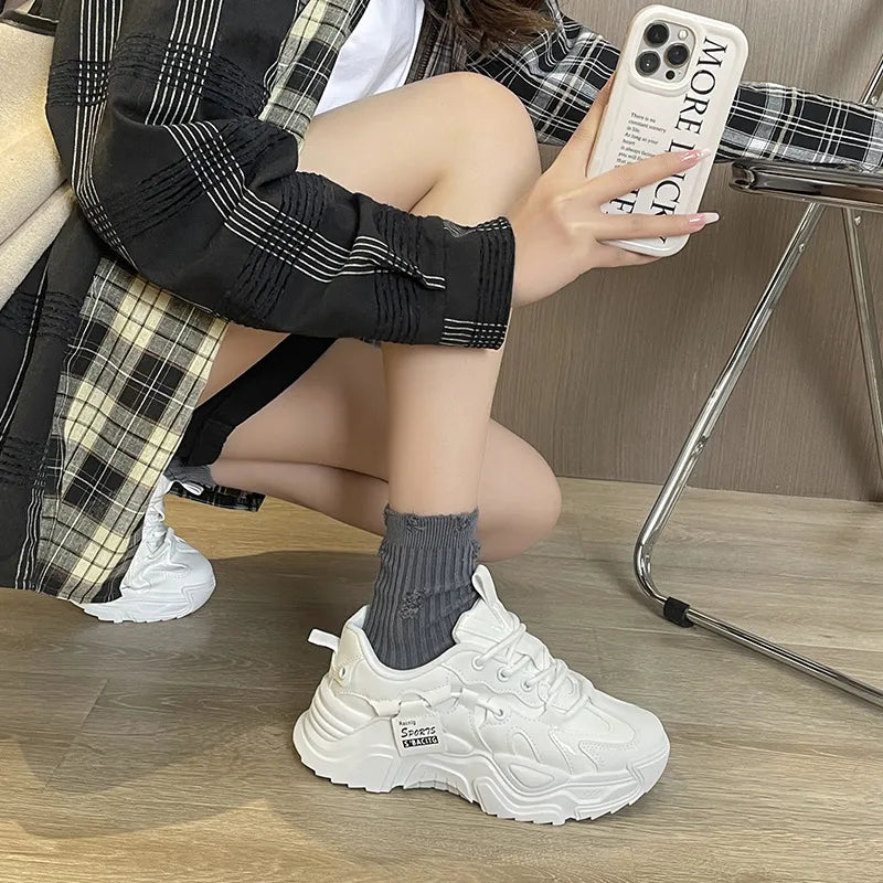 Thick soled women's white single shoes Korean version color blocked lace up height for casual running