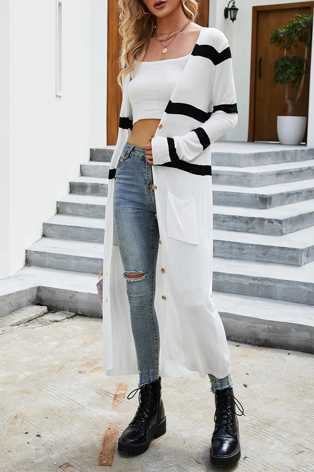 V-neck black and white striped knitted cardigan for women