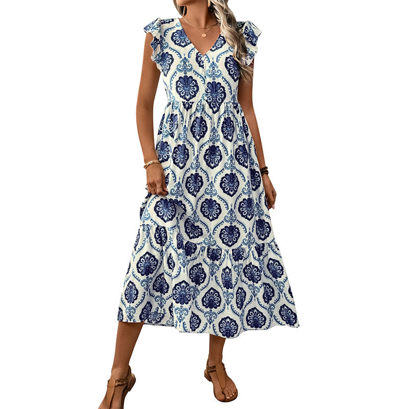 Vacation style loose deep V-neck printed long dress